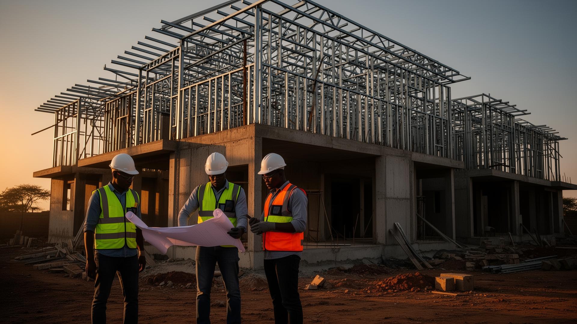 Builders reviewing plans on a construction site at sunset